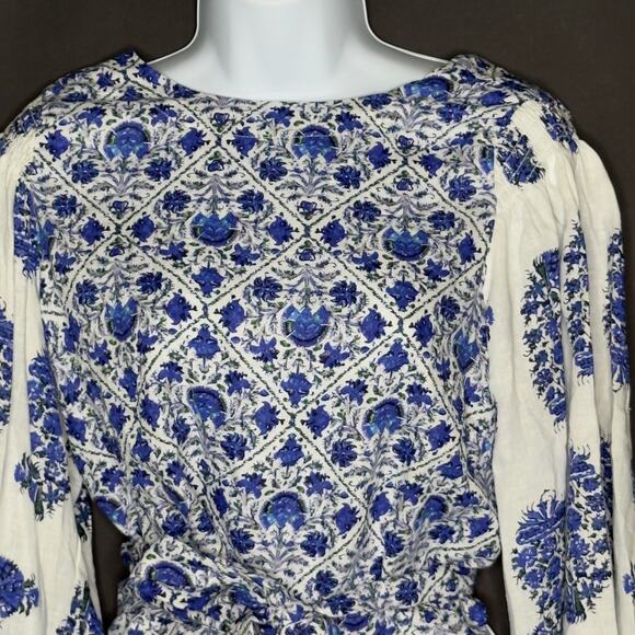 Nicole Miller M NEW Blue Floral Print Linen Cropped Balloon Sleeve Top - Picture 3 of 9